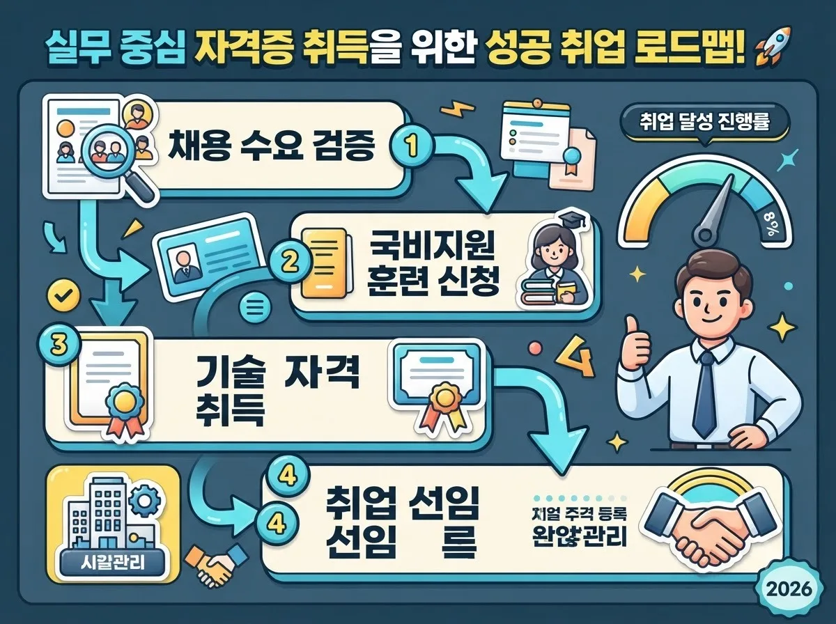 채용 수요 데이터 검증부터 국비지원 훈련 및 자격 취득 후 취업 선임까지의 4단계 실행 절차를 담은 인포그래픽