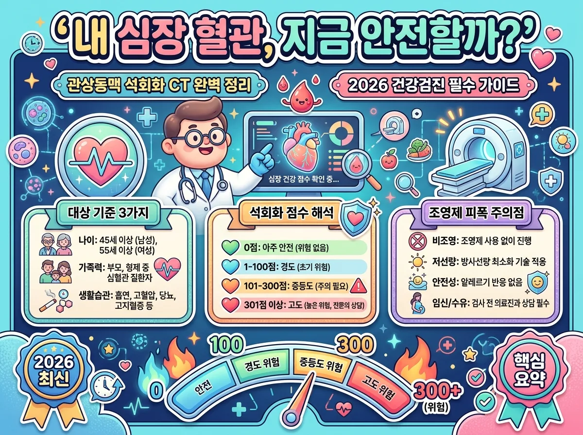 관상동맥 석회화 CT 검사 대상자 기준과 심혈관 질환 위험도 점수를 알기 쉽게 안내하는 건강검진 정보 포스터