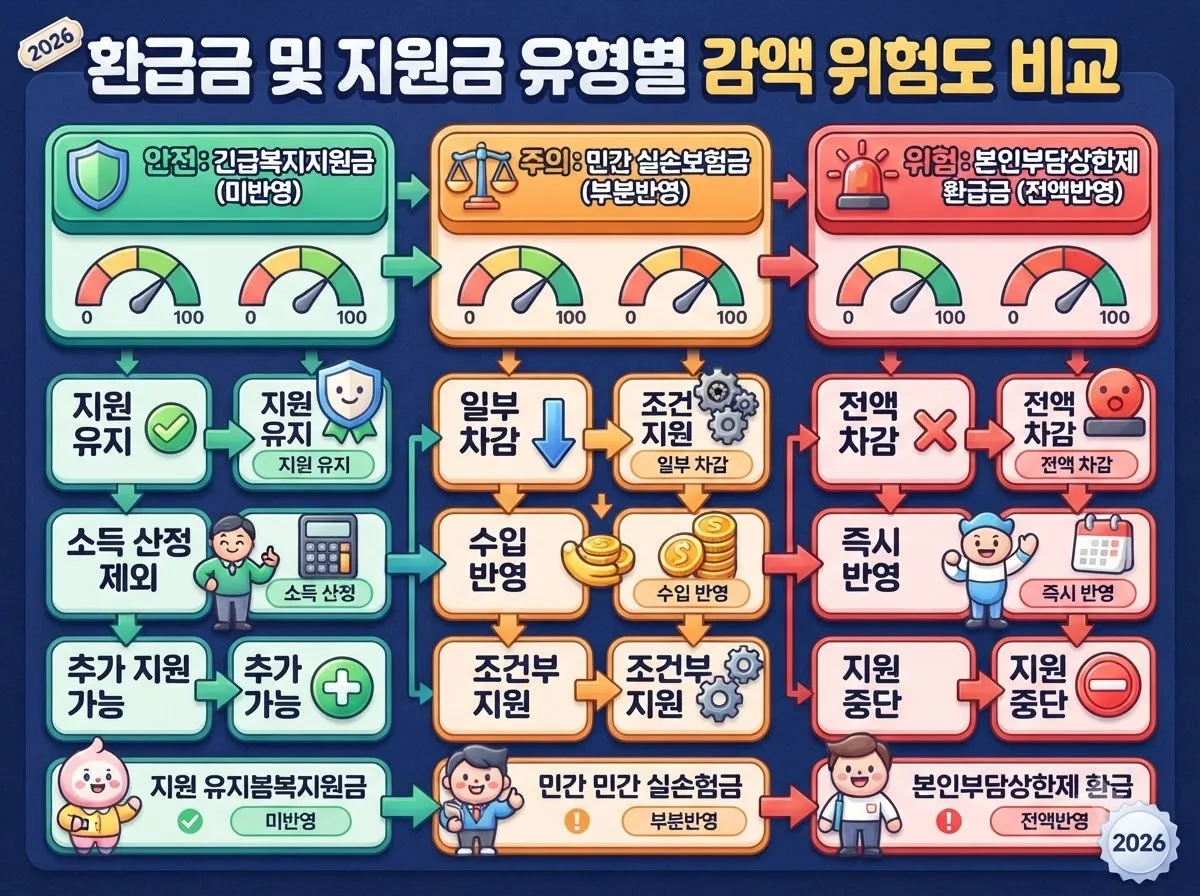 본인부담상한제 환급금과 긴급복지의료비 및 실손보험금의 소득인정액 감액 위험도를 비교한 인포그래픽
