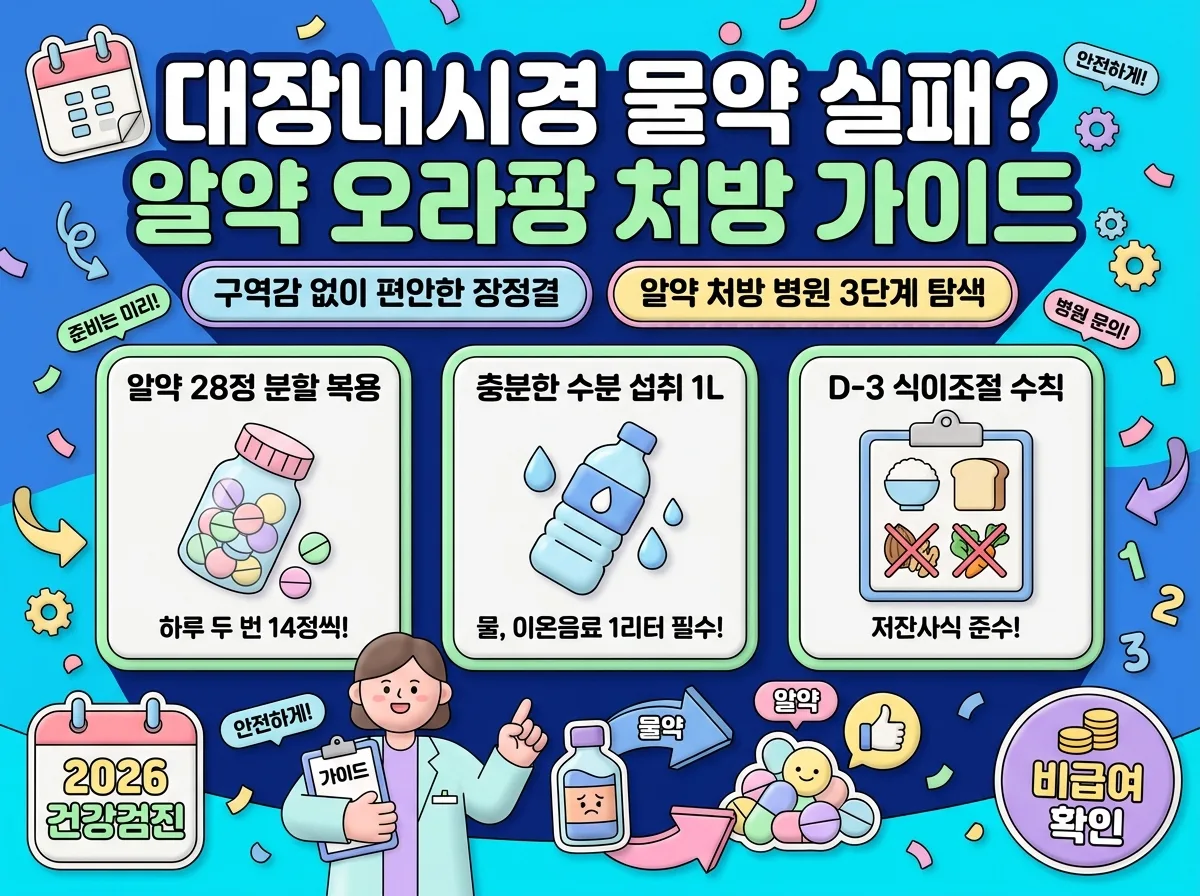 대장내시경 물약 복용 실패 시 대안이 되는 알약 오라팡 처방 병원 찾는 법과 안전한 장정결 수칙을 정리한 2026년 인포그래픽 포스터입니다.