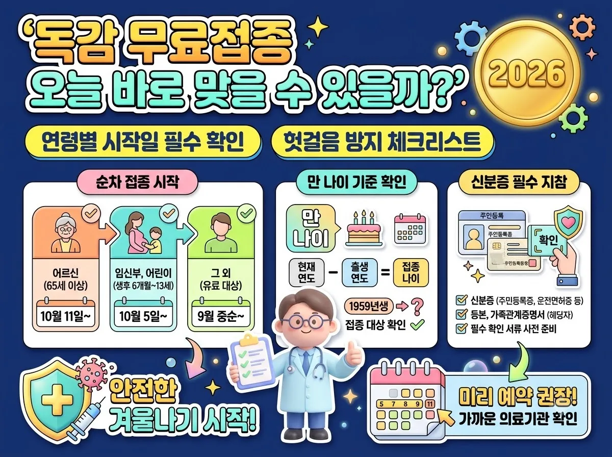 2026년 독감 무료접종 연령별 시작일과 당일 접종 가능 여부를 확인하는 핵심 정보 안내 인포그래픽 썸네일 포스터