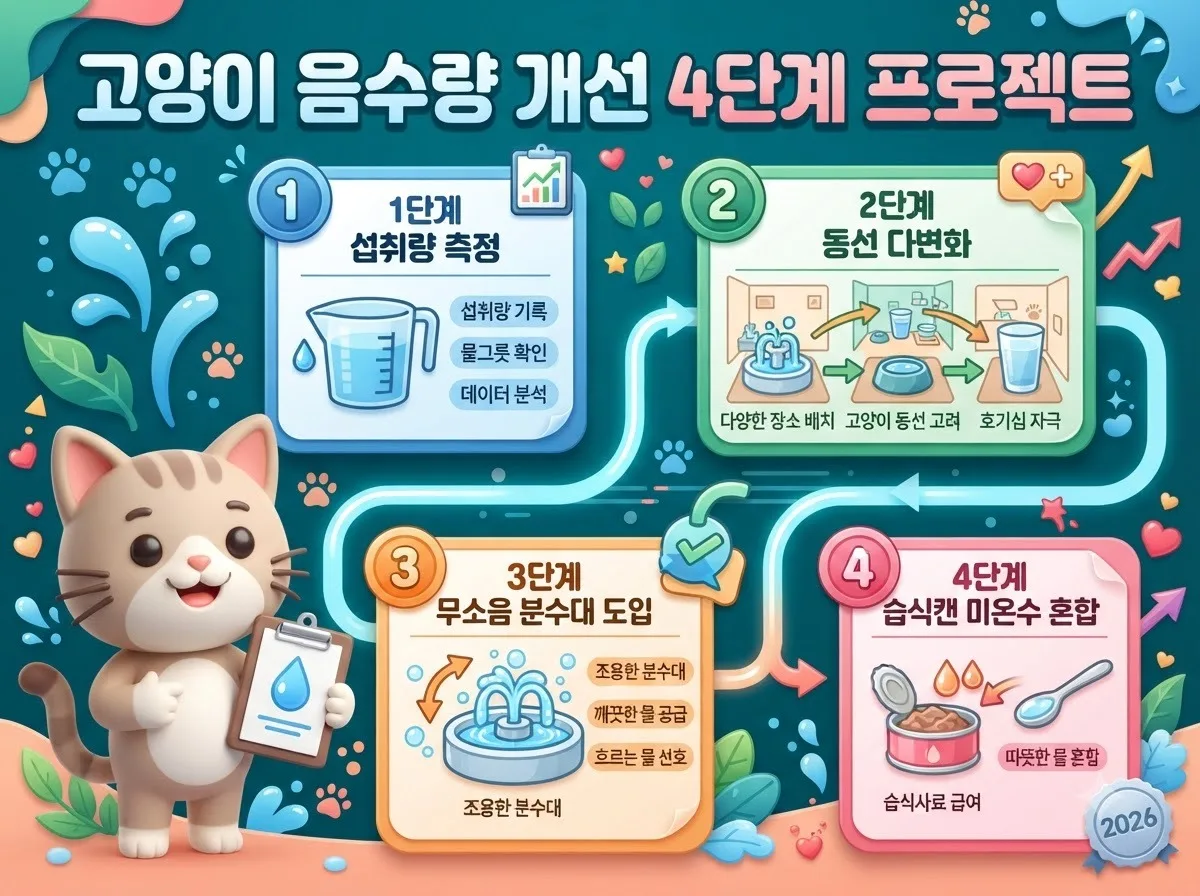 음수량 측정부터 식기 분산 배치와 분수대 도입 및 습식캔 수분 혼합까지 정리한 4단계 고양이 수분 섭취 개선 로드맵 인포그래픽입니다.