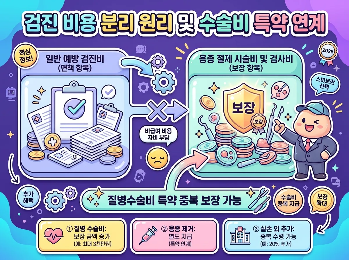 기본 건강검진 비용과 질병 치료 목적의 용종 절제 시술비 보장 분리 기준 및 수술비 특약 중복 보장 혜택 비교도