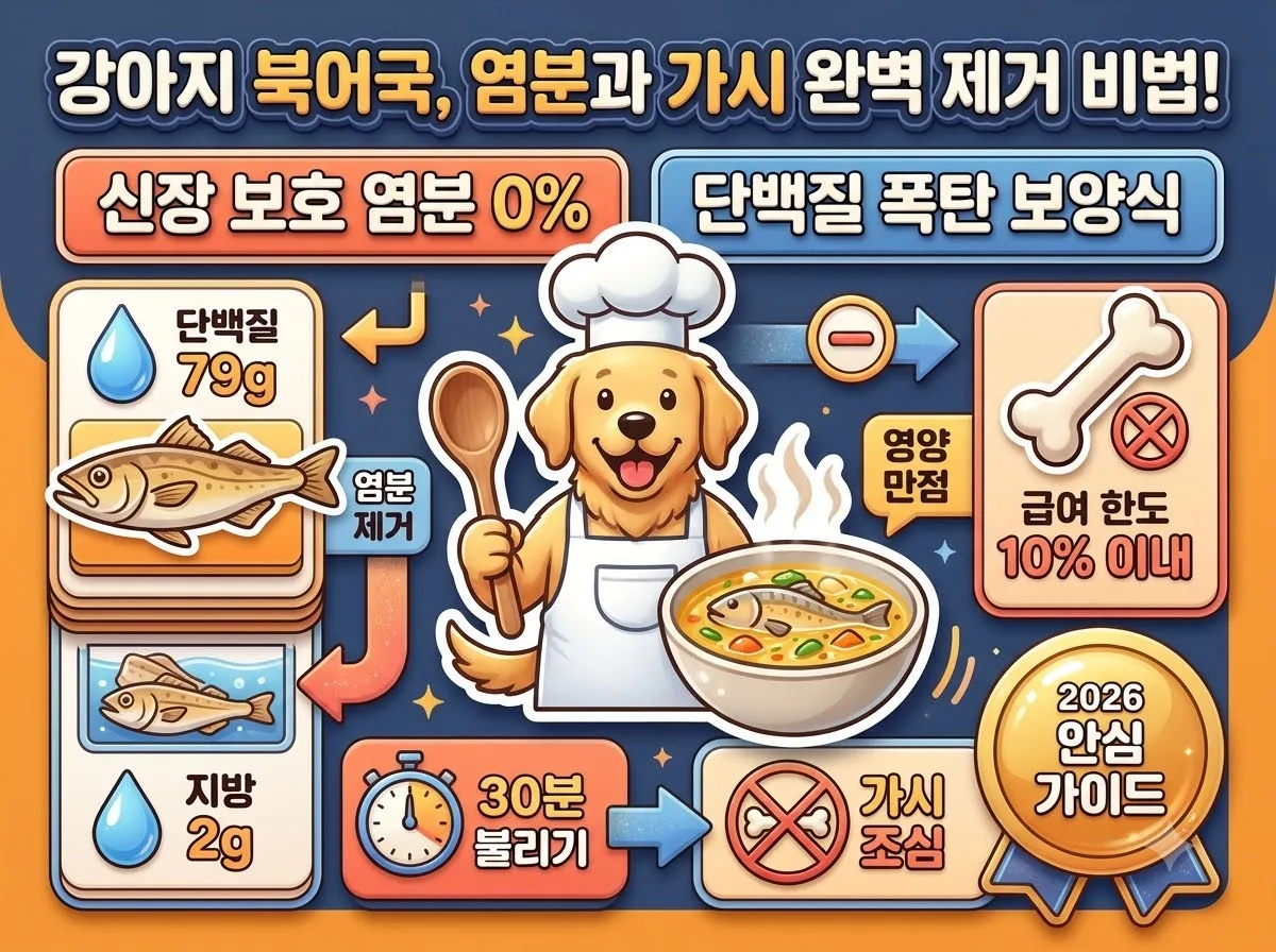 강아지 전용 황태 북어국을 안전하게 끓이기 위한 염분 제거와 가시 분리 핵심 영양 수칙을 담은 2026년 인포그래픽 포스터