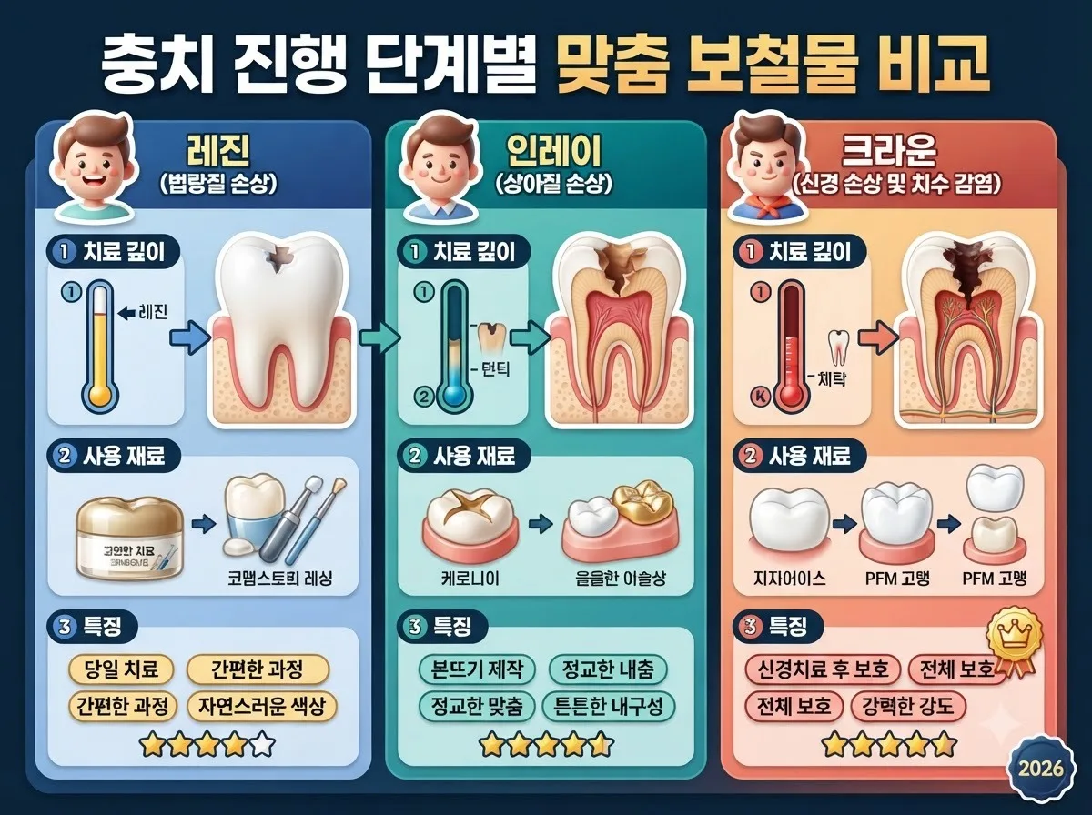 법랑질부터 신경 손상까지 충치 진행 깊이에 따른 레진 인레이 크라운 보철 치료 비교 인포그래픽