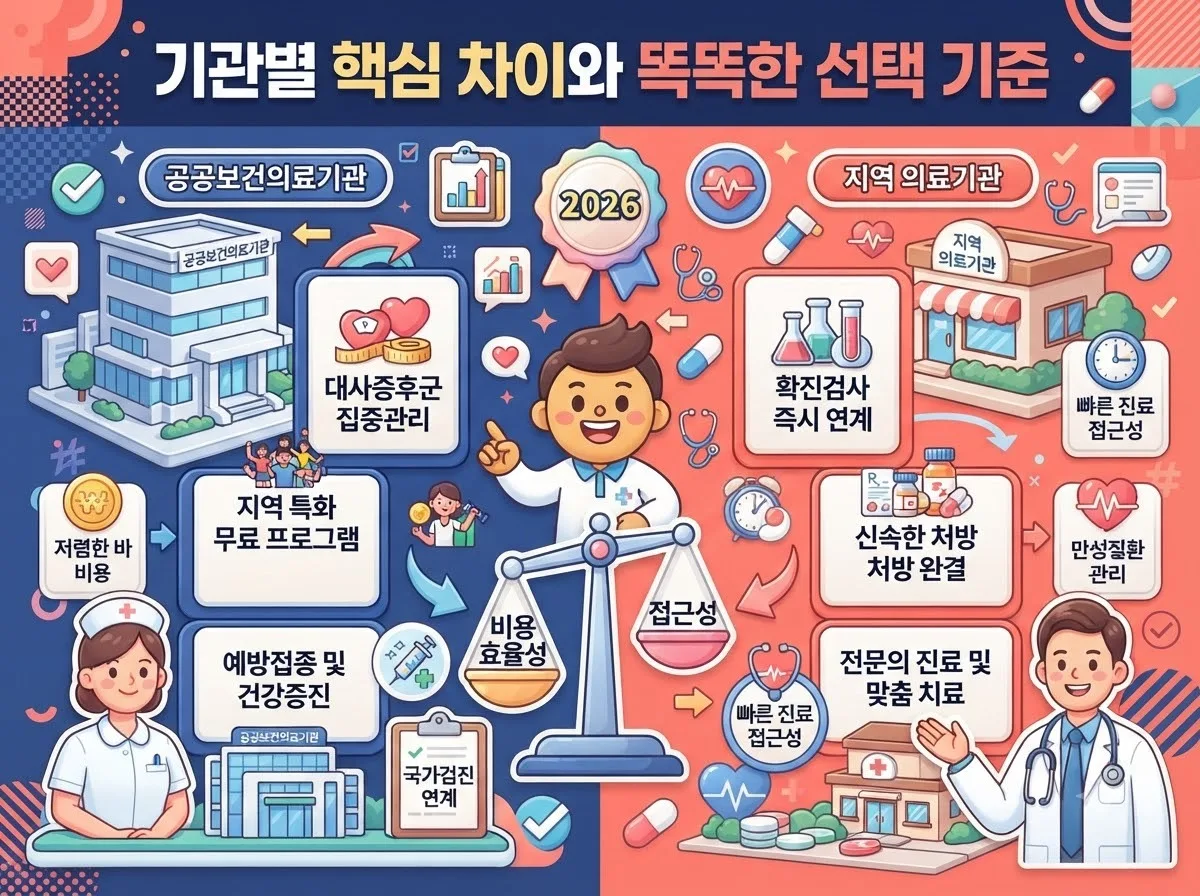 보건소와 일반 내과 검진의 특화 항목 및 사후 연계 처방 시스템 차이를 시각화한 정보 안내 인포그래픽입니다.