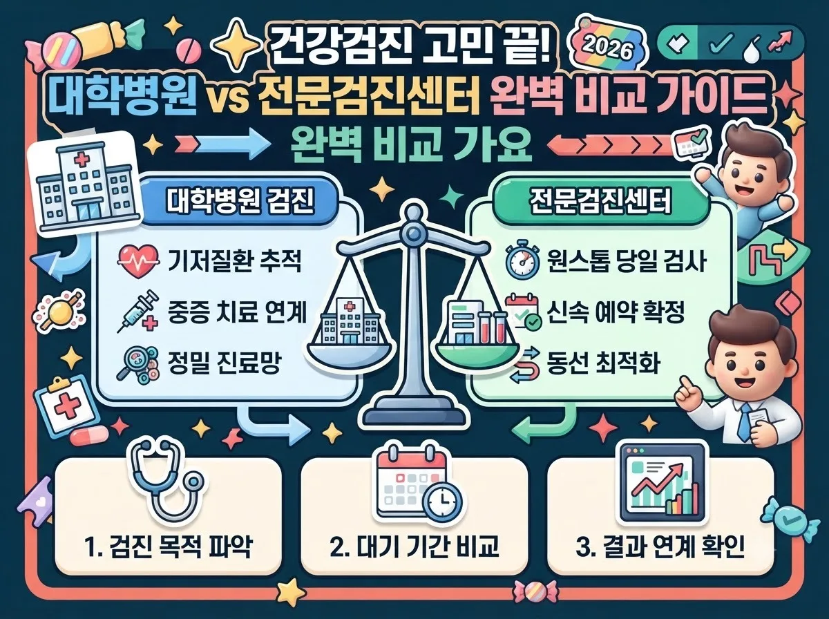 대학병원과 전문검진센터의 시스템 차이와 목적별 검진기관 선택 체크리스트를 시각화한 정보 인포그래픽