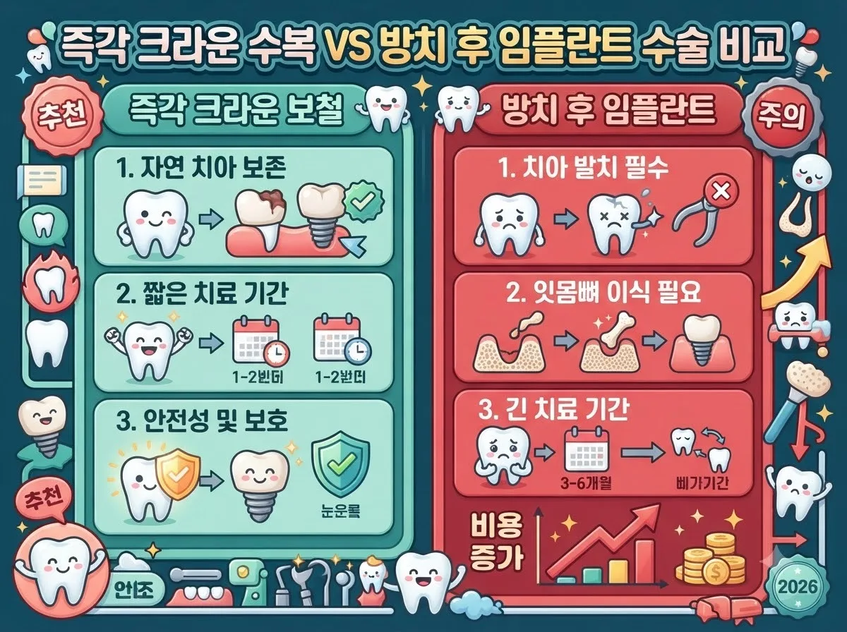 신경치료 직후 자연치아를 보존하는 크라운 치료와 방치 후 발생하는 발치 및 치조골 이식 임플란트 수술 간의 소요 비용과 기간 비교 차트