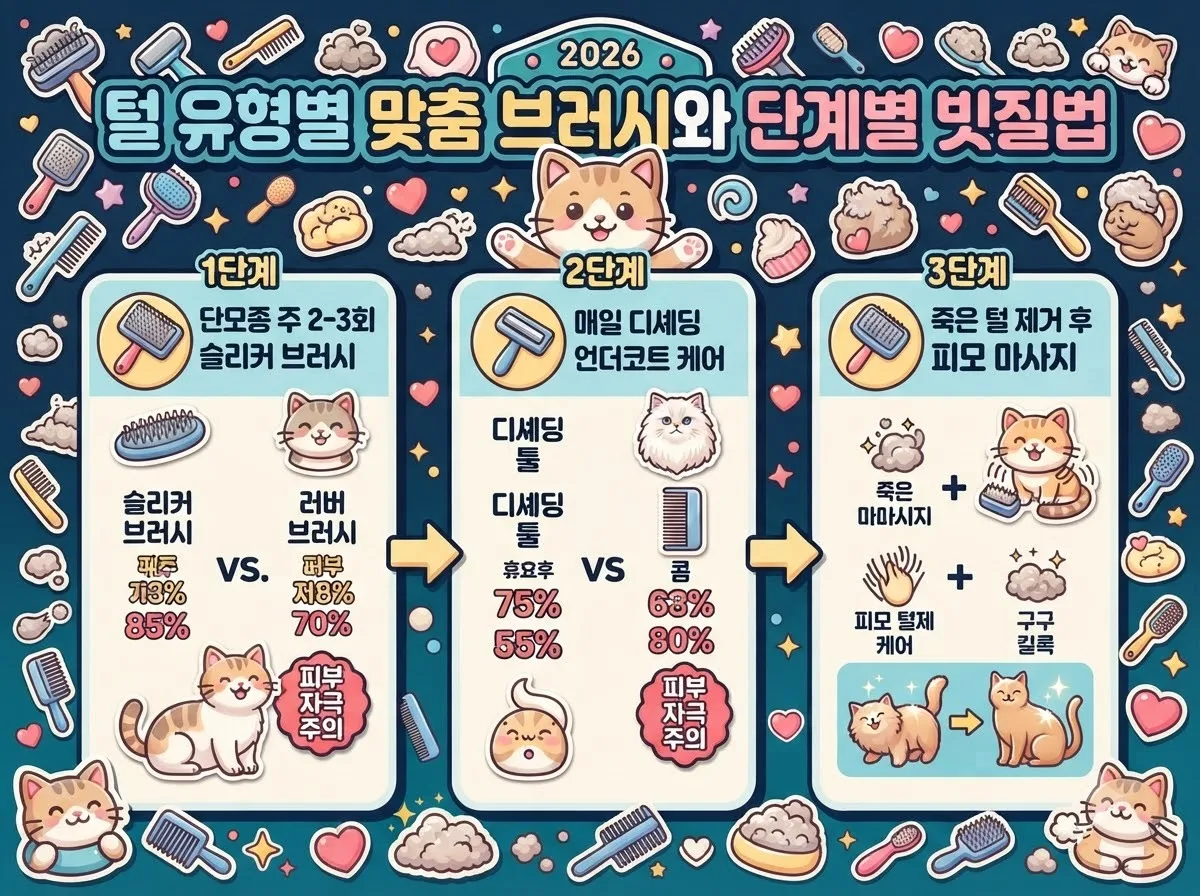 단모종과 장모종 고양이의 털 유형별 맞춤 브러시 종류와 안전한 일상 빗질 관리 단계 안내 인포그래픽