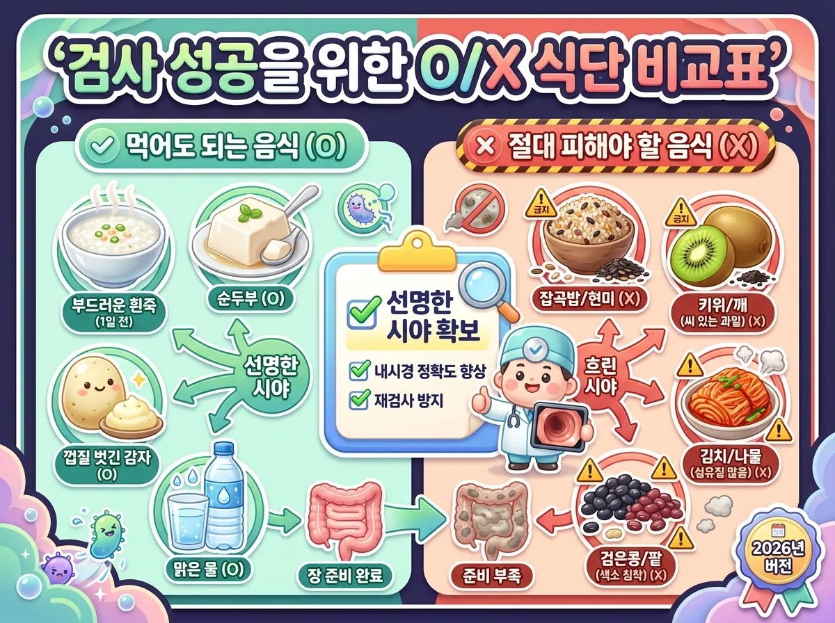 대장내시경 검사 전 먹어도 되는 부드러운 음식과 피해야 할 고섬유질 및 착색 유발 음식을 대조한 비교 인포그래픽