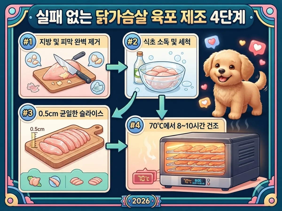 강아지 닭가슴살 육포 제작을 위한 지방 제거부터 소독, 슬라이스, 70도 건조까지의 4단계 제조 과정 안내 인포그래픽입니다.
