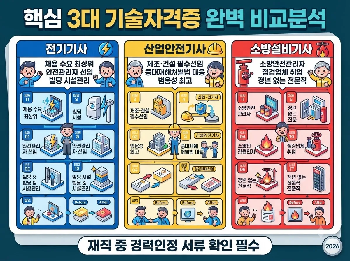 전기기사, 산업안전기사, 소방설비기사의 채용 수요와 법정선임 장점을 비교한 인포그래픽