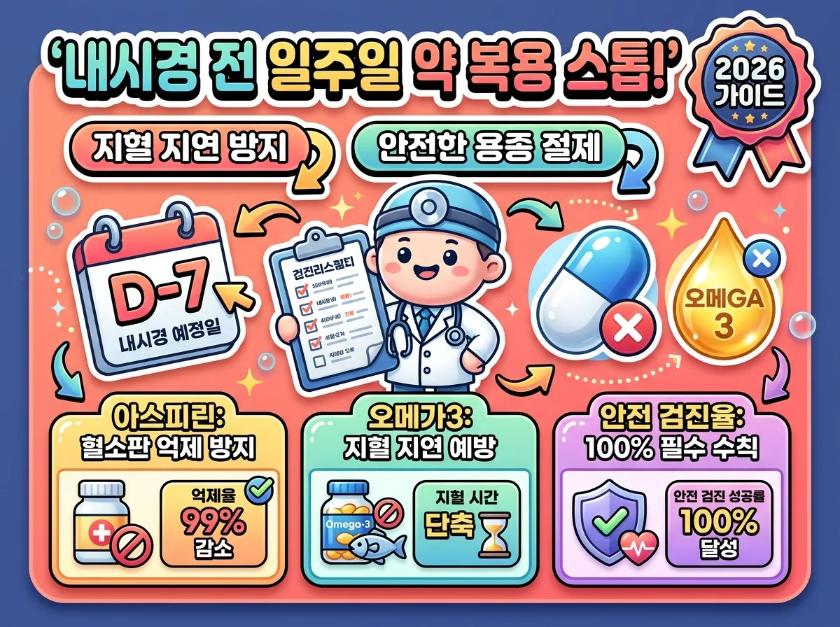 아스피린과 오메가3를 내시경 검사 일주일 전 중단해야 하는 이유와 안전한 지혈을 위한 필수 복약 수칙 인포그래픽
