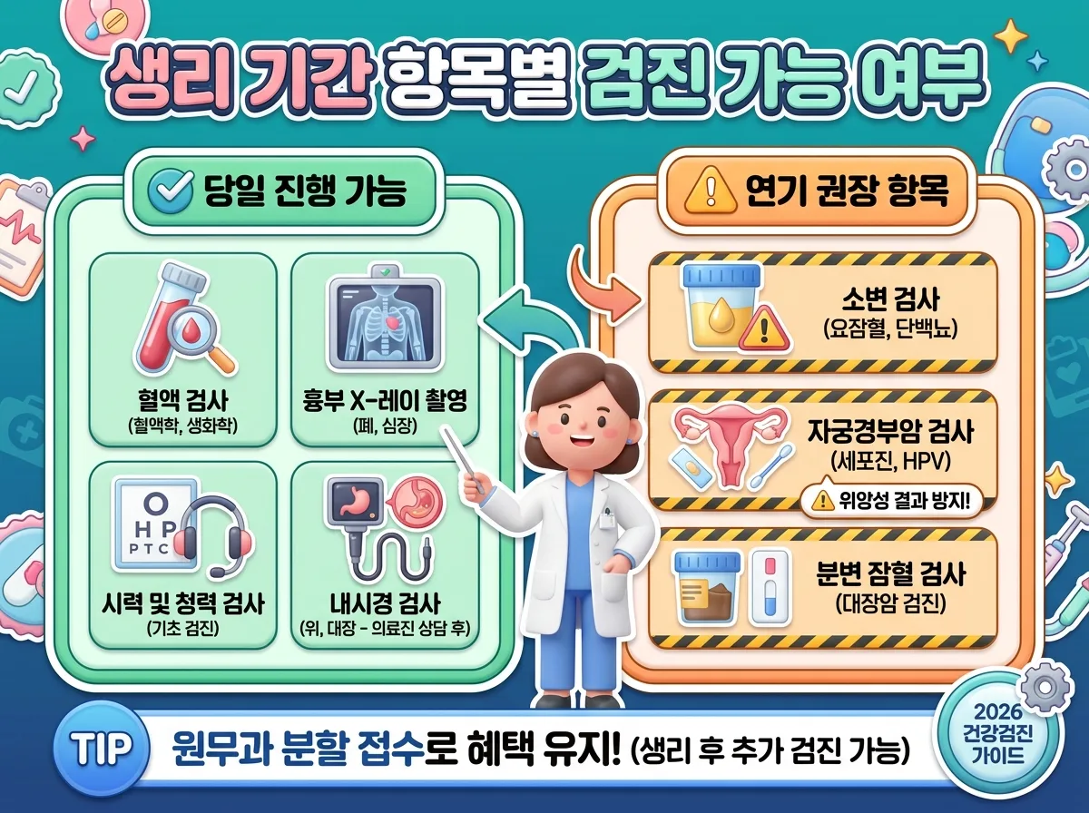 생리 기간 건강검진 가능 항목과 연기 권장 검사 항목을 비교한 인포그래픽 가이드