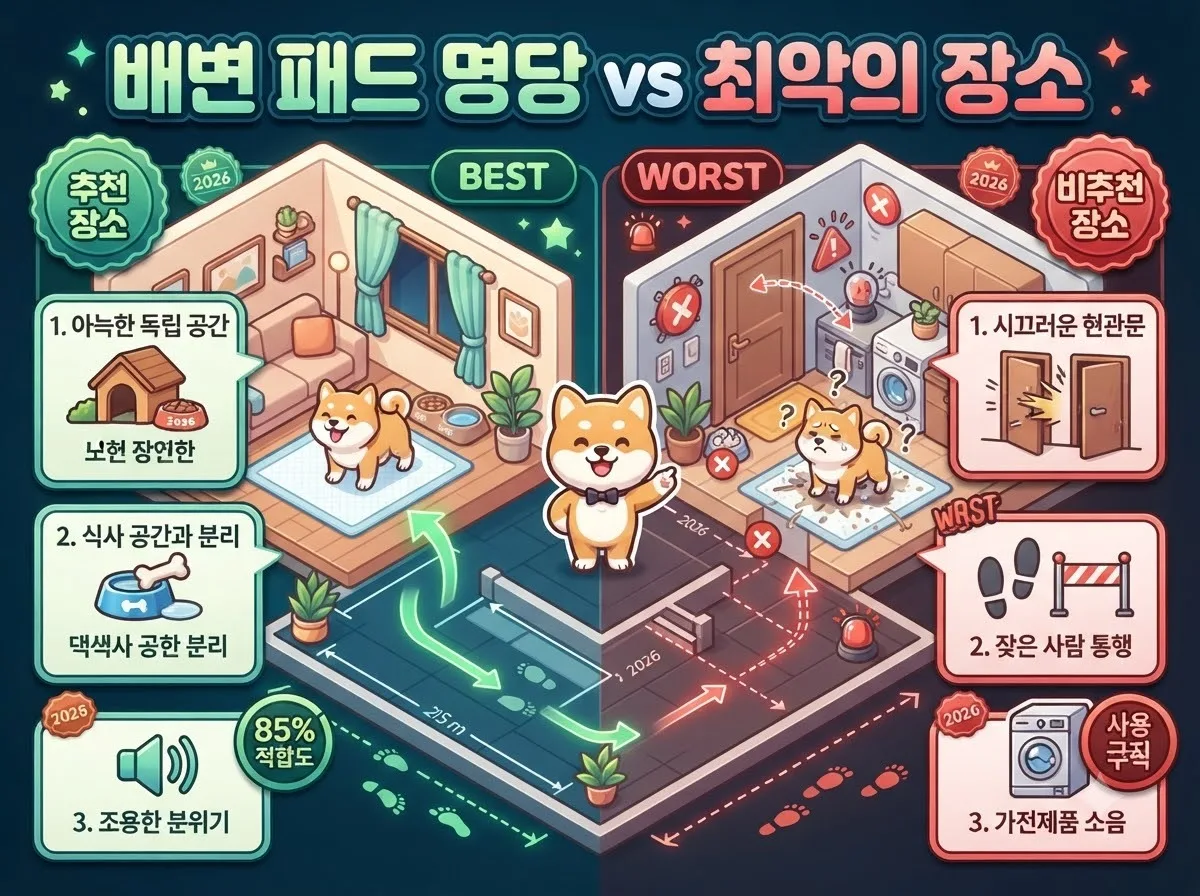 거실 코너와 출입구 등 실내 공간별 강아지 배변 패드 설치 적합도를 비교하여 보여주는 시각 인포그래픽 안내도입니다.
