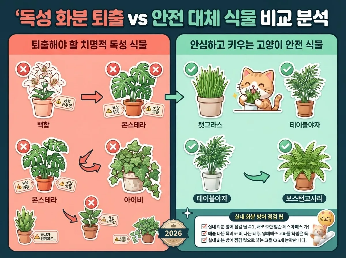 백합과 몬스테라 등 고양이 위험 화분과 캣그라스 등 안전한 대체 식물을 한눈에 비교해 정리한 실내 플랜테리어 가이드 이미지입니다.