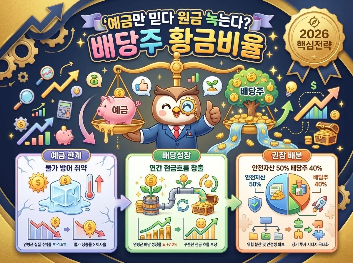 예금 금리와 배당주 포트폴리오의 수익 구조를 비교하고 현금흐름 자산 배분 비율을 안내하는 금융 인포그래픽 이미지입니다.