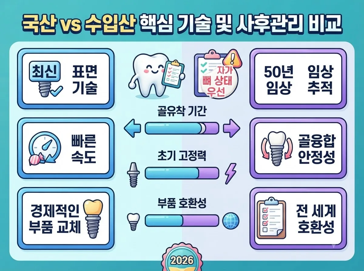 국산과 수입산 임플란트의 골유착 기술력과 임상 기간 및 부품 호환성을 비교 분석한 상세 인포그래픽 가이드