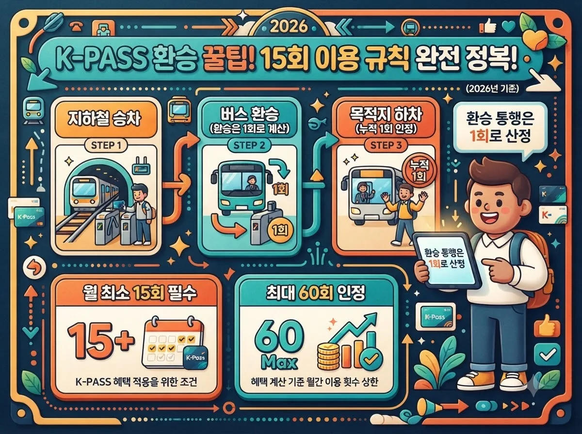 대중교통 환승 시 K패스 승차 횟수가 1회로 통합 계산되는 산정 방식과 탑승 원리를 설명하는 흐름도