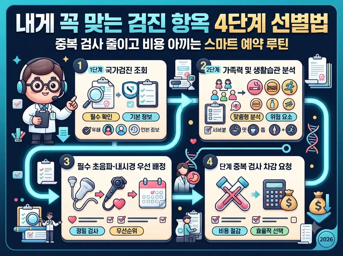 국가건강검진 조회부터 가족력 분석과 중복 검사 차감까지 4단계로 진행하는 스마트 건강검진 설계 인포그래픽입니다.