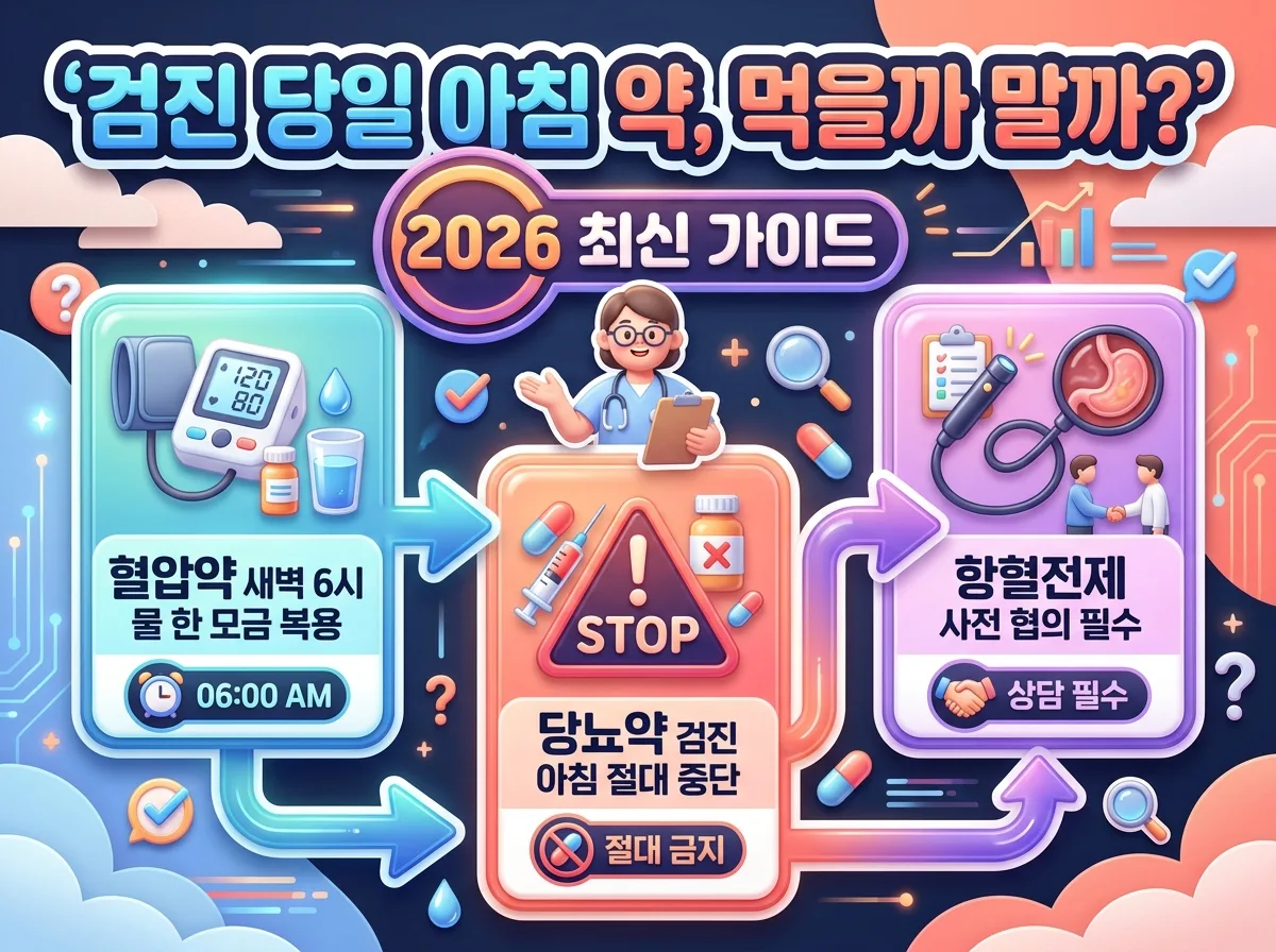 건강검진 당일 아침 고혈압약과 당뇨약의 복용 여부 및 주의사항을 한눈에 정리한 2026년 최신 종합 인포그래픽 포스터입니다.
