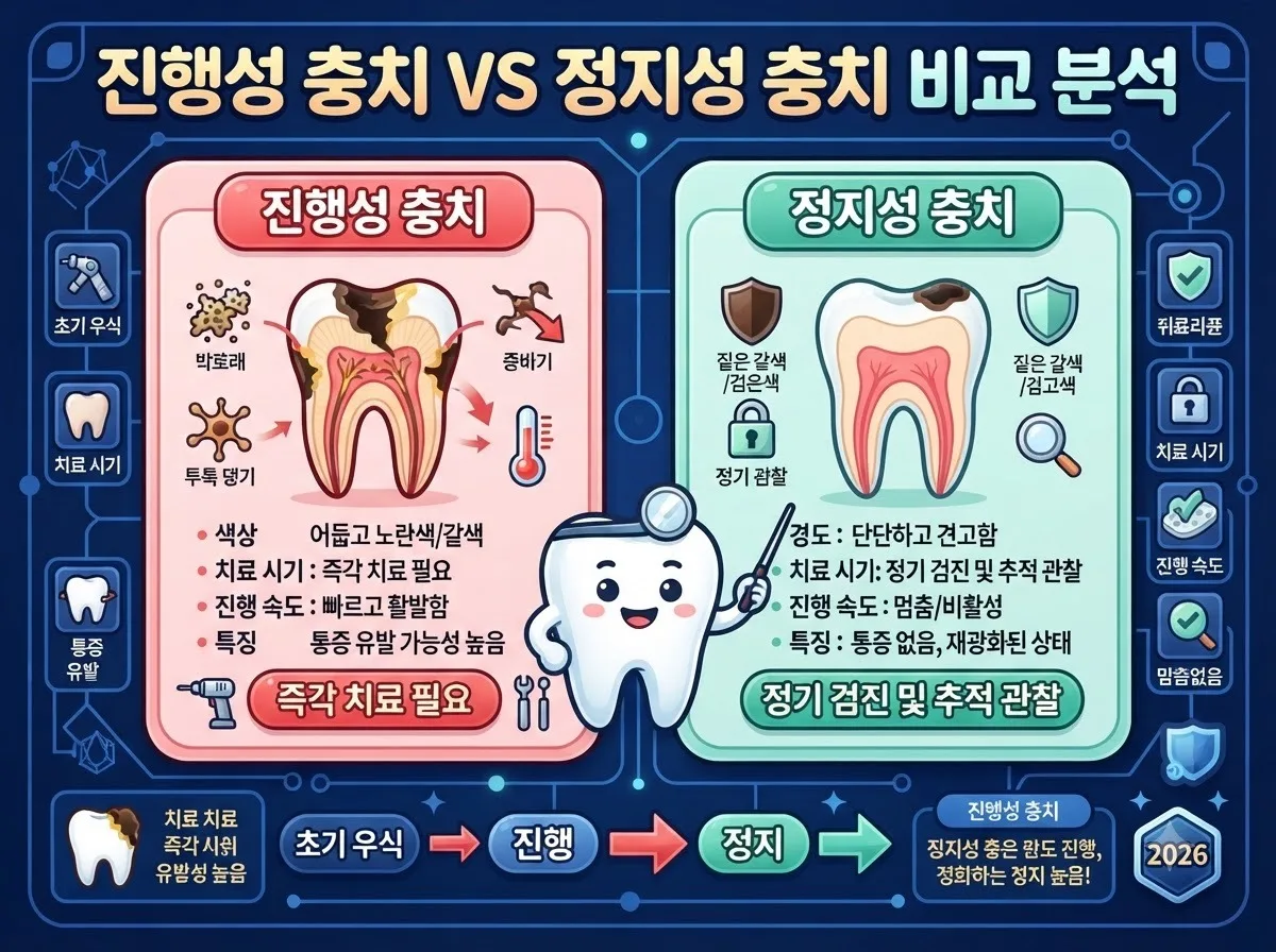 치료가 즉시 필요한 진행성 충치와 정기 검진으로 관찰 가능한 정지성 충치의 차이점을 명확하게 대조한 치과 진료 비교 인포그래픽 이미지입니다.