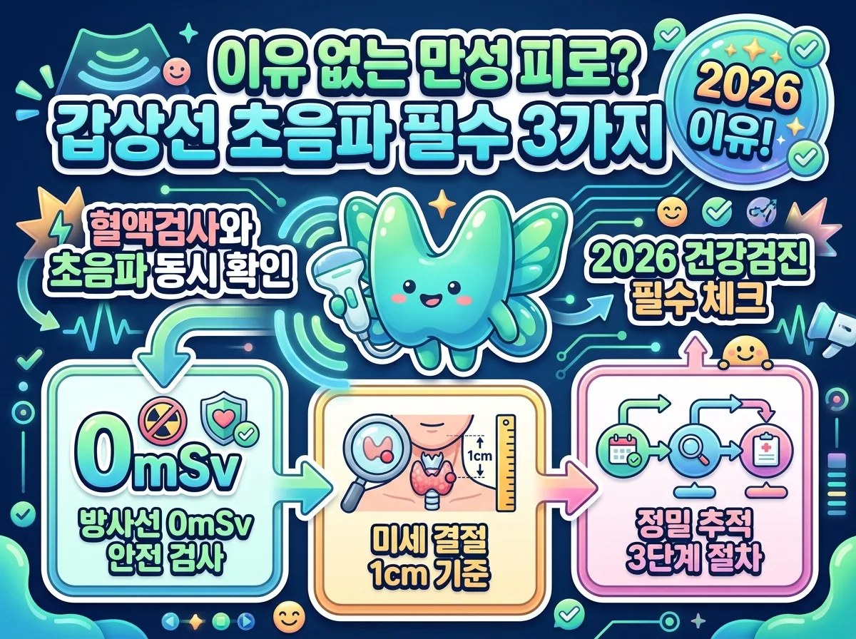 만성 피로 원인을 파악하기 위한 갑상선 초음파 검사의 필요성과 주요 지표를 한눈에 정리한 2026 건강검진 인포그래픽 포스터