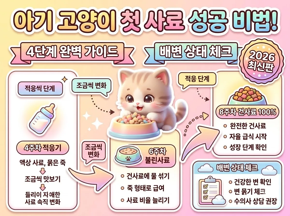 아기 고양이의 생후 주차별 이유식 전환 비율과 첫 키튼 건사료 안착을 돕는 4단계 영양 가이드 인포그래픽입니다.