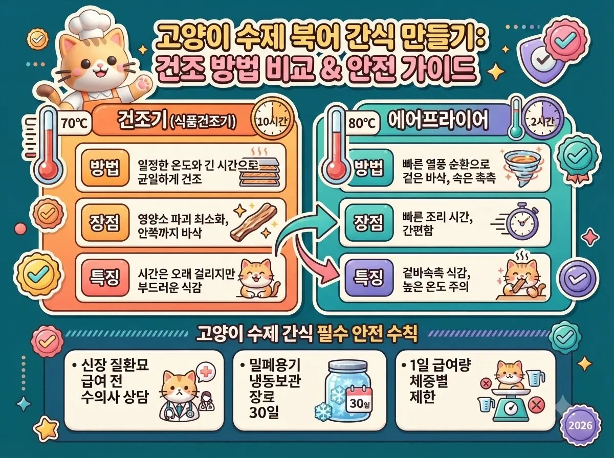 식품건조기와 에어프라이어 건조 방식 비교 및 고양이 신장 질환 주의점과 냉동 보관법을 담은 비교 인포그래픽