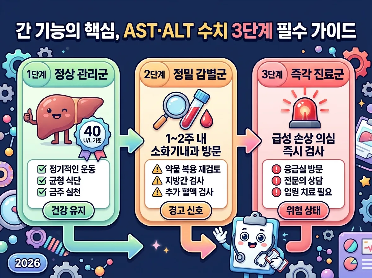 간 기능 혈액검사 수치별 위험 단계와 소화기내과 방문 타이밍을 단계별로 시각화한 안내 인포그래픽