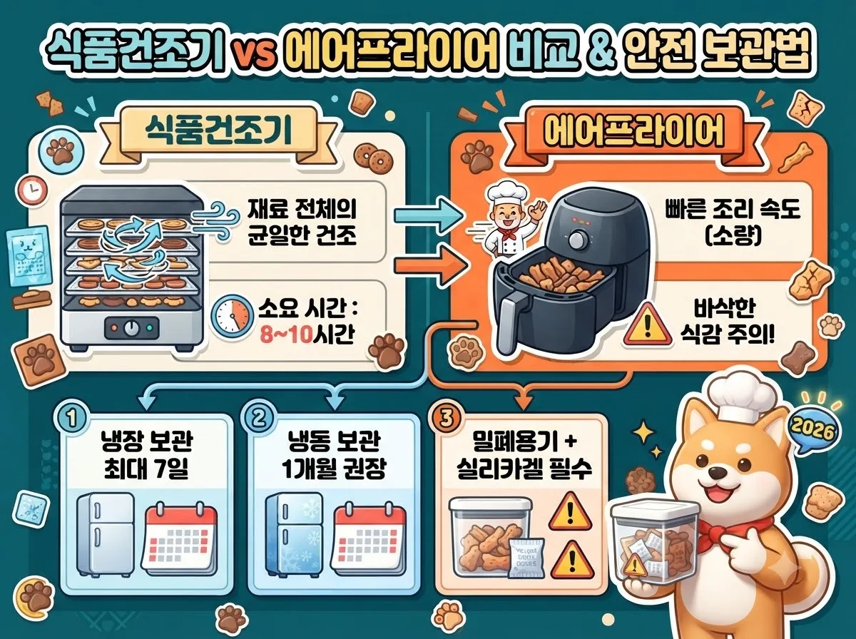 식품건조기와 에어프라이어 조리 방식 비교 및 수제 육포의 올바른 냉장 냉동 보관 기한을 정리한 인포그래픽 이미지입니다.