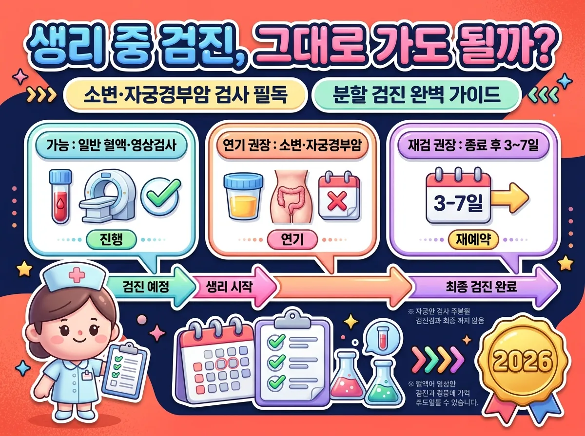 생리 중 건강검진 시 소변검사와 자궁경부암 검사 연기 기준 및 분할 수검 일정 요약 포스터