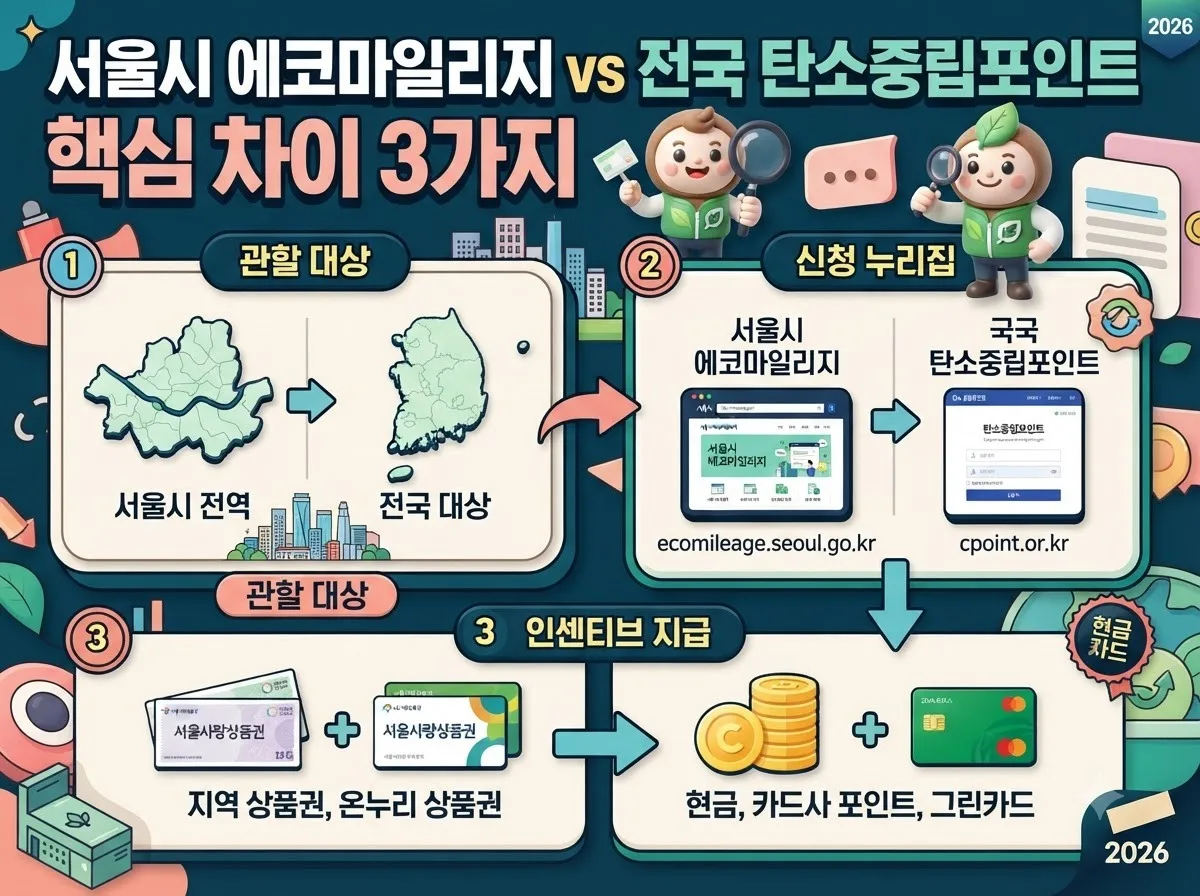 서울시 에코마일리지와 전국 탄소중립포인트의 관할 대상과 누리집 및 지급 혜택 차이 3가지를 정리한 인포그래픽 이미지입니다.