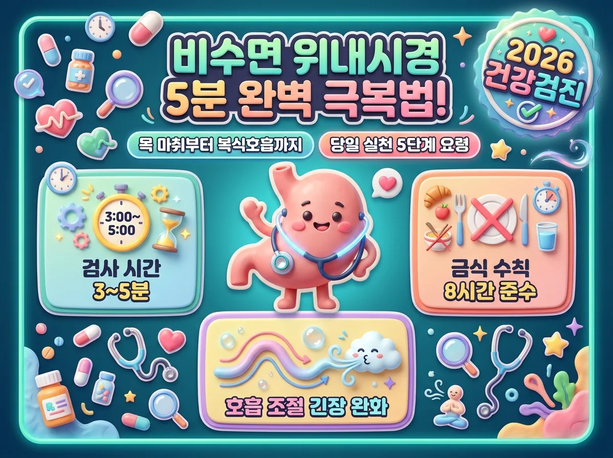 비수면 위내시경 검사를 편안하게 받기 위한 인후 마취와 복식호흡 요령 및 5단계 준비 수칙을 한눈에 요약한 인포그래픽 썸네일 포스터입니다.