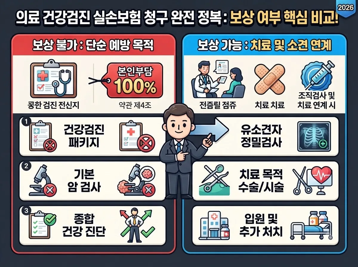 단순 예방 목적 검진과 의사 소견 연계 치료의 실손의료비 보상 가능 여부를 명확히 비교한 설명 인포그래픽