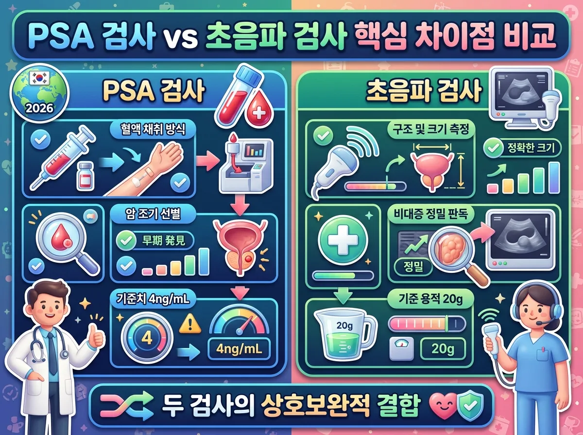 PSA 혈액검사와 전립선 초음파 검사의 목적과 검사 방식 및 주요 기준 수치를 비교한 안내 이미지