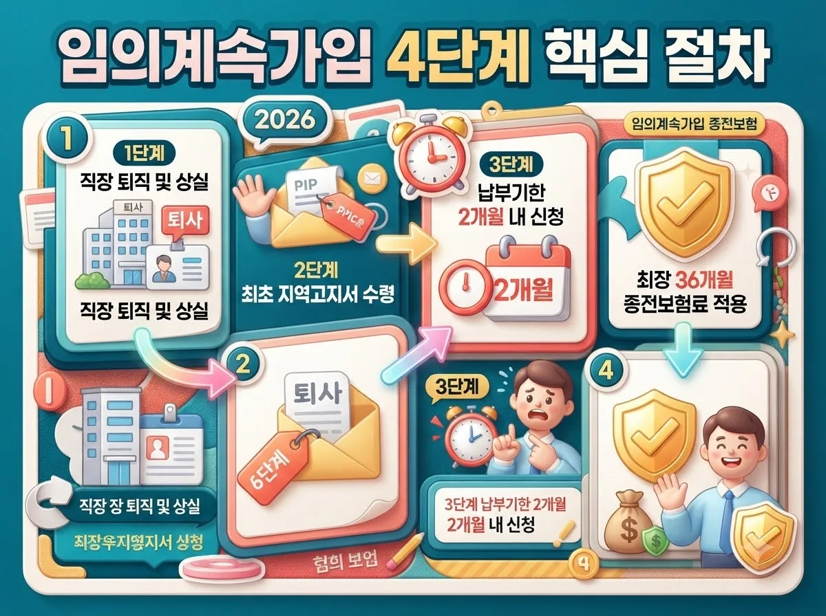퇴직 후 임의계속가입 제도를 신청하고 승인받는 4단계 절차를 정리한 인포그래픽 로드맵