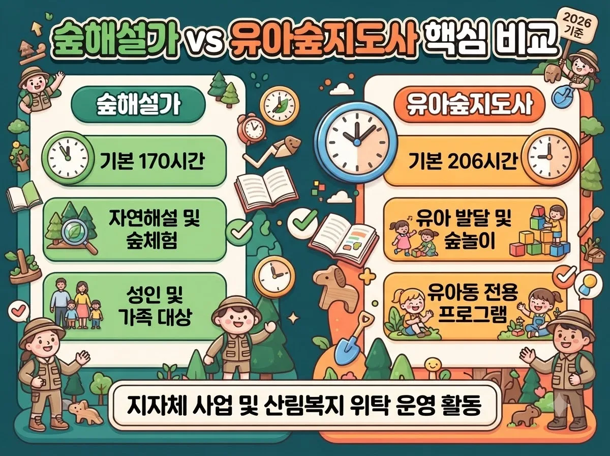 숲해설가와 유아숲지도사의 법정 이수 시간 교육 내용 및 주요 활동 대상의 차이점을 명확하게 대조한 비교 인포그래픽입니다.