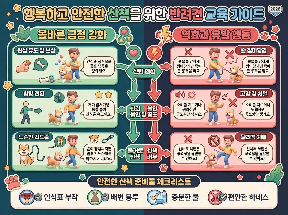 산책 중 짖음 대처를 위한 긍정 강화 훈련법과 주의사항 비교 체크리스트 인포그래픽