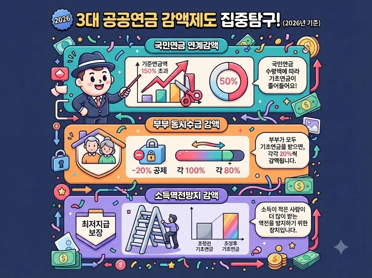 기초연금 수령 시 발생하는 연계감액과 부부감액 소득역전방지 감액의 3가지 유형을 비교한 시각자료