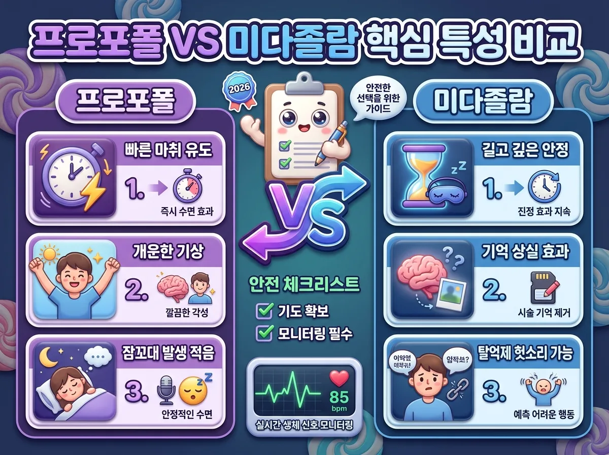 프로포폴과 미다졸람의 진정 유도 속도 회복 시간 헛소리 빈도를 한눈에 대조한 약물 특성 비교 인포그래픽