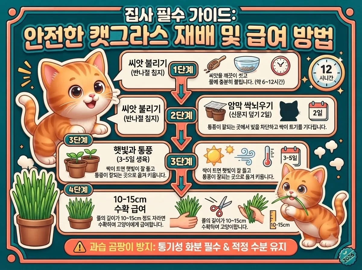 씨앗 침지부터 10에서 15cm 수확 급여까지의 단계별 캣글라스 재배 일정과 곰팡이 방지 관리 요령 다이어그램