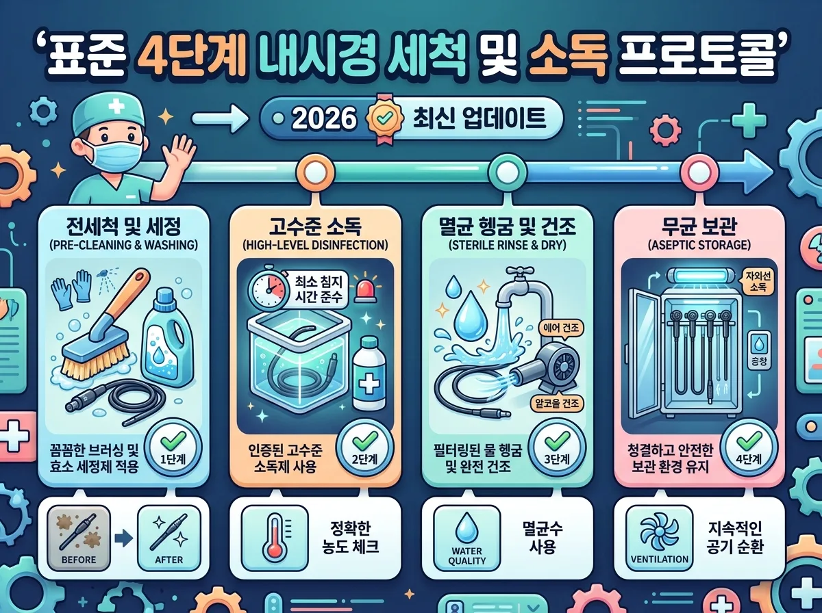 보건복지부 지침에 따른 내시경 기구 4단계 세척 및 멸균 소독 공정 흐름도 인포그래픽