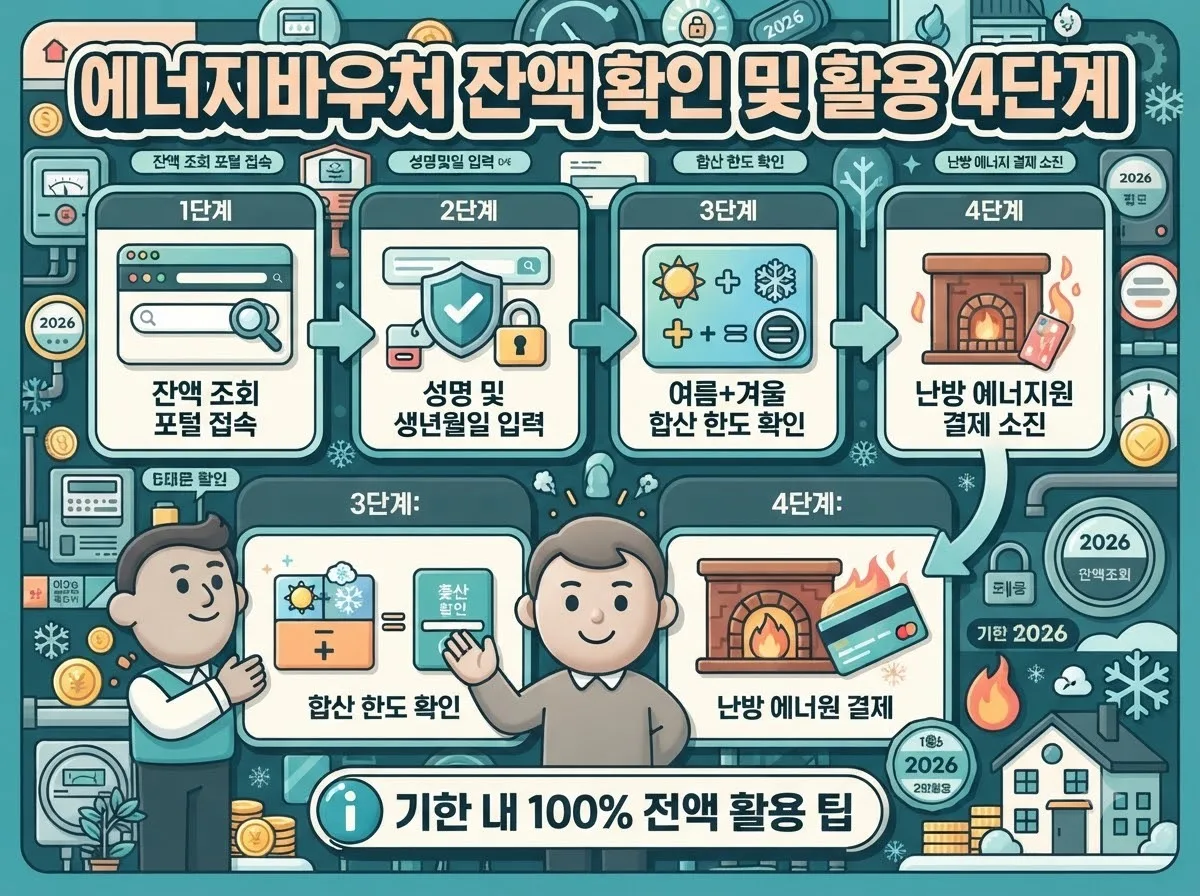 에너지바우처 실시간 잔액 조회 및 겨울철 난방비 결제 한도를 확인하고 소진하는 4단계를 나타낸 안내 이미지입니다.