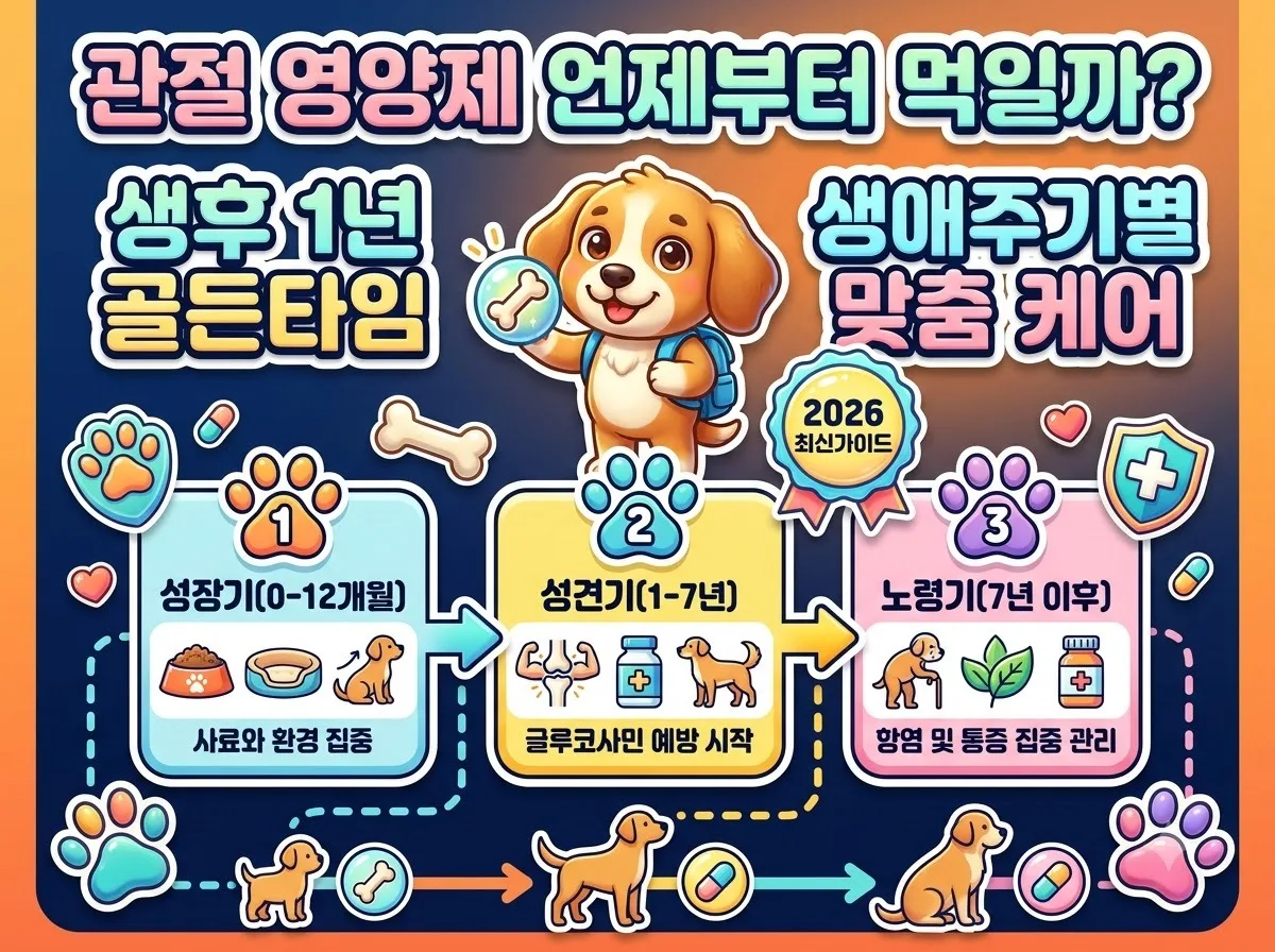 강아지 관절 영양제 급여 시기와 생애주기별 관리 기준을 한눈에 정리한 2026 반려견 건강 인포그래픽 썸네일 포스터입니다.