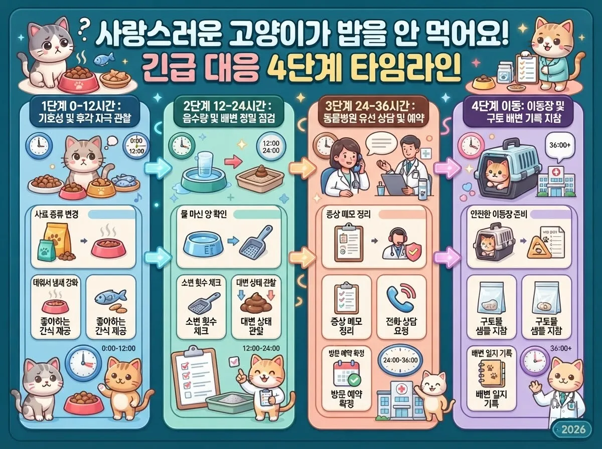 고양이 식욕 저하 발생 시 단식 시간대별 단계적 응급 대응 순서와 관찰 요령 인포그래픽