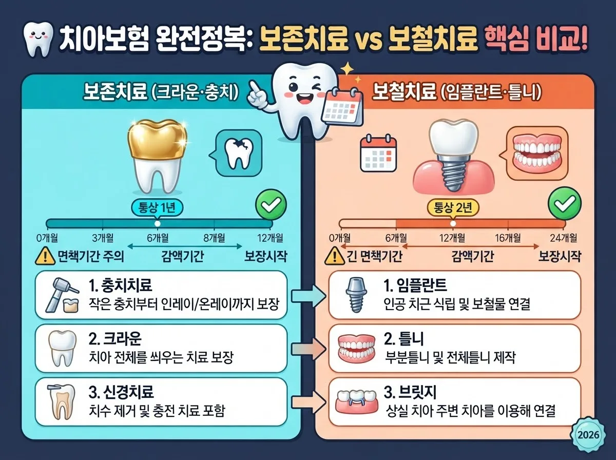 보존치료인 크라운과 보철치료인 임플란트의 면책기간 및 감액기간 기준을 비교 설명하는 안내 이미지