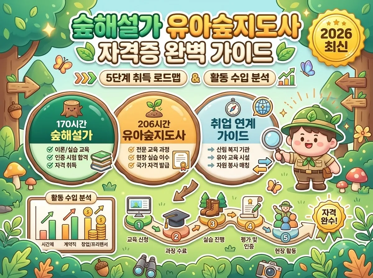 숲해설가와 유아숲지도사 자격증 취득 5단계 과정과 은퇴 후 활동 분야 및 예상 수입 구조를 알기 쉽게 정리한 인포그래픽 포스터입니다.