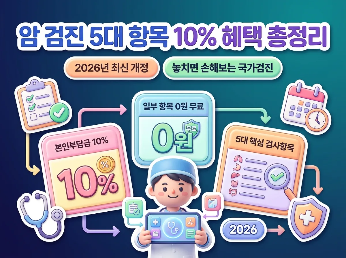 2026년 국가 암 검진 5대 항목 대상과 10% 본인부담금 지원 혜택을 정리한 인포그래픽 포스터
