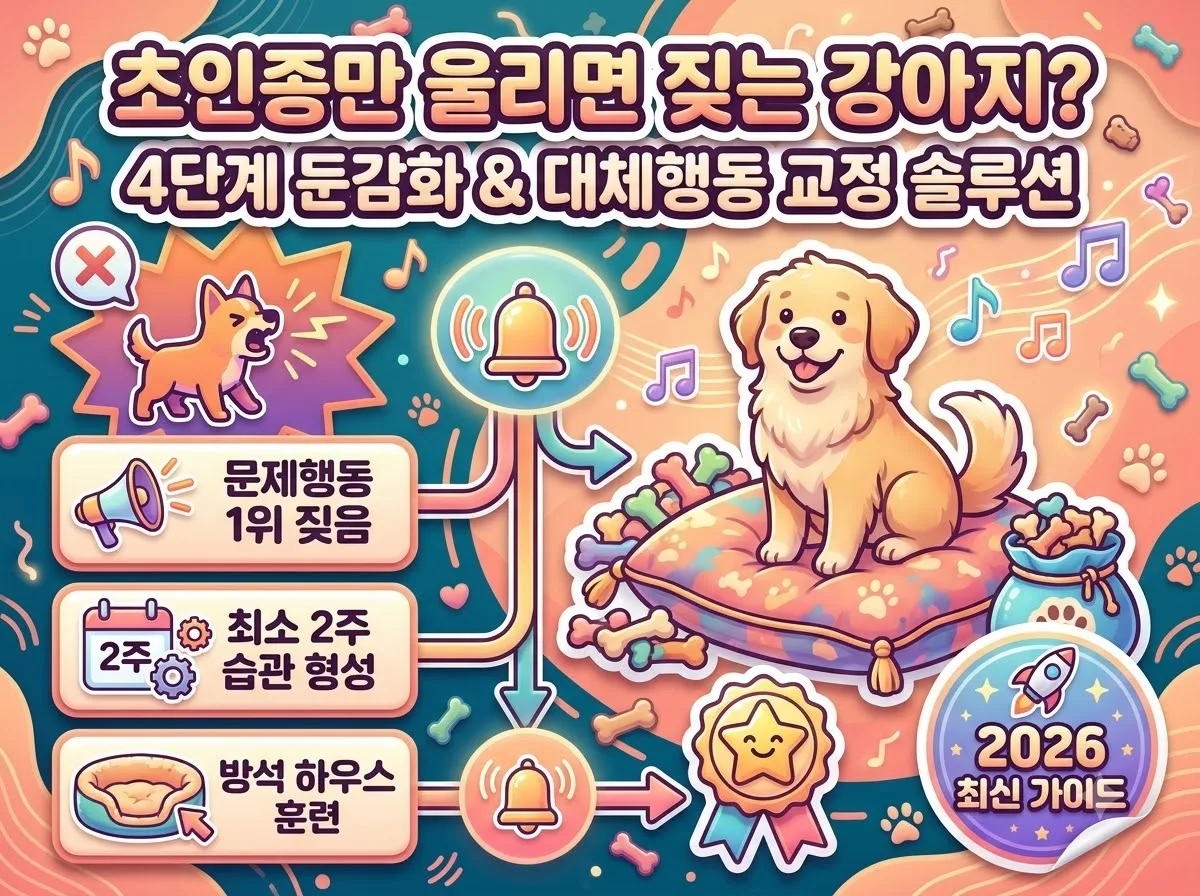 현관 초인종 소리에 짖는 강아지를 위한 4단계 둔감화 및 대체 행동 교정 훈련 인포그래픽 포스터